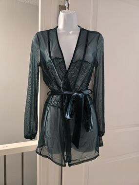 La Senza Sheer Lace Velvet Robe In Dark Emerald Green